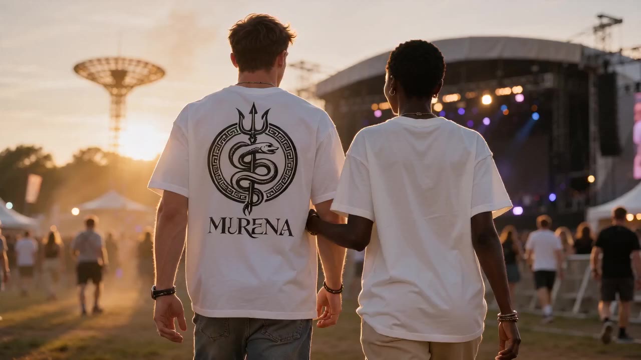 Deux personnes vues de dos en festival, portant un t-shirt au logo Murena au coucher du soleil.
