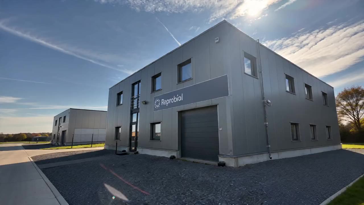 Façade d'un bâtiment industriel gris portant l'enseigne Reprobiol, sous un grand ciel bleu.