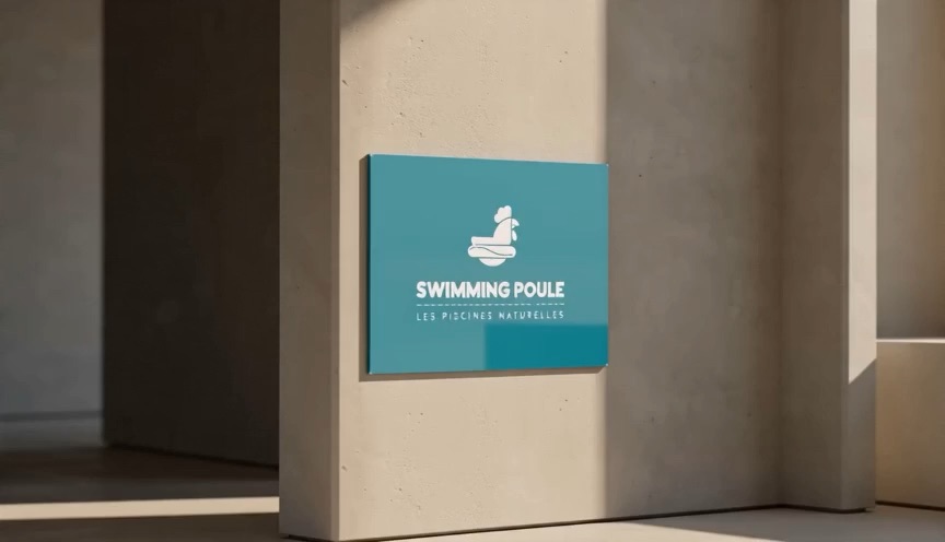 Panneau logo turquoise Swimming Poule fixé sur un mur en béton clair.
